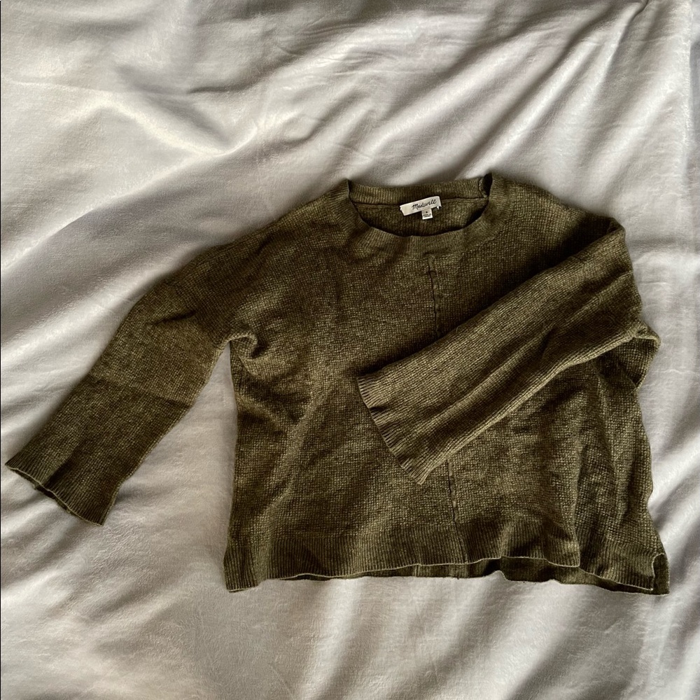 Madewell Hunter Green Wool Crop 3/4 Wide-Sleeve Top